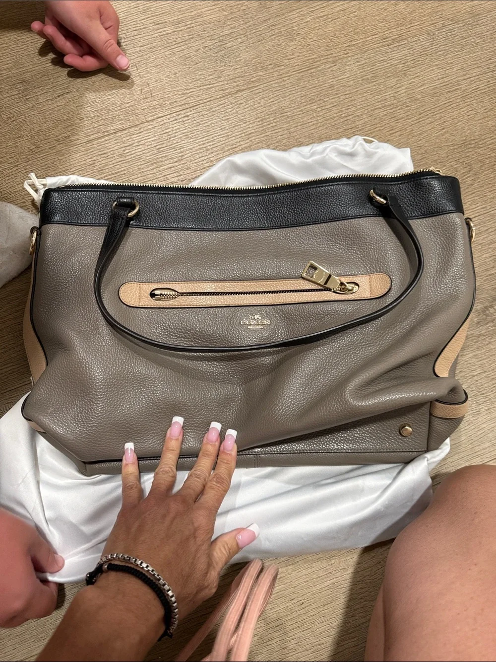 Coach Pebble Leather Tote in Taupe with Black and Beige Accents